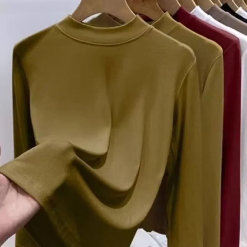 Women's Elastic Cotton Threaded Top Advanced Feeling Solid Color Slim Fit Base Shirt Spring Autumn Inner Long Sleeved T-shirt