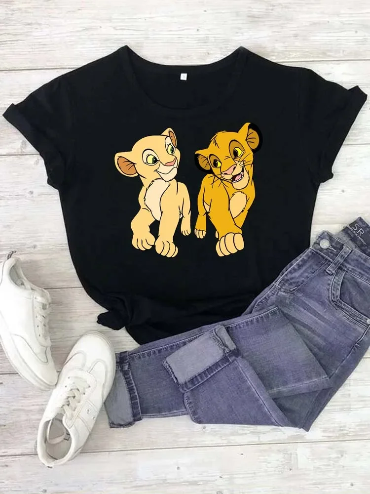 Lovely Simba and Nala Lion King Print T Shirt Women Disney Casual Loose T-shirts Female Harajuku Tee Summer Clothing Tops Y2k