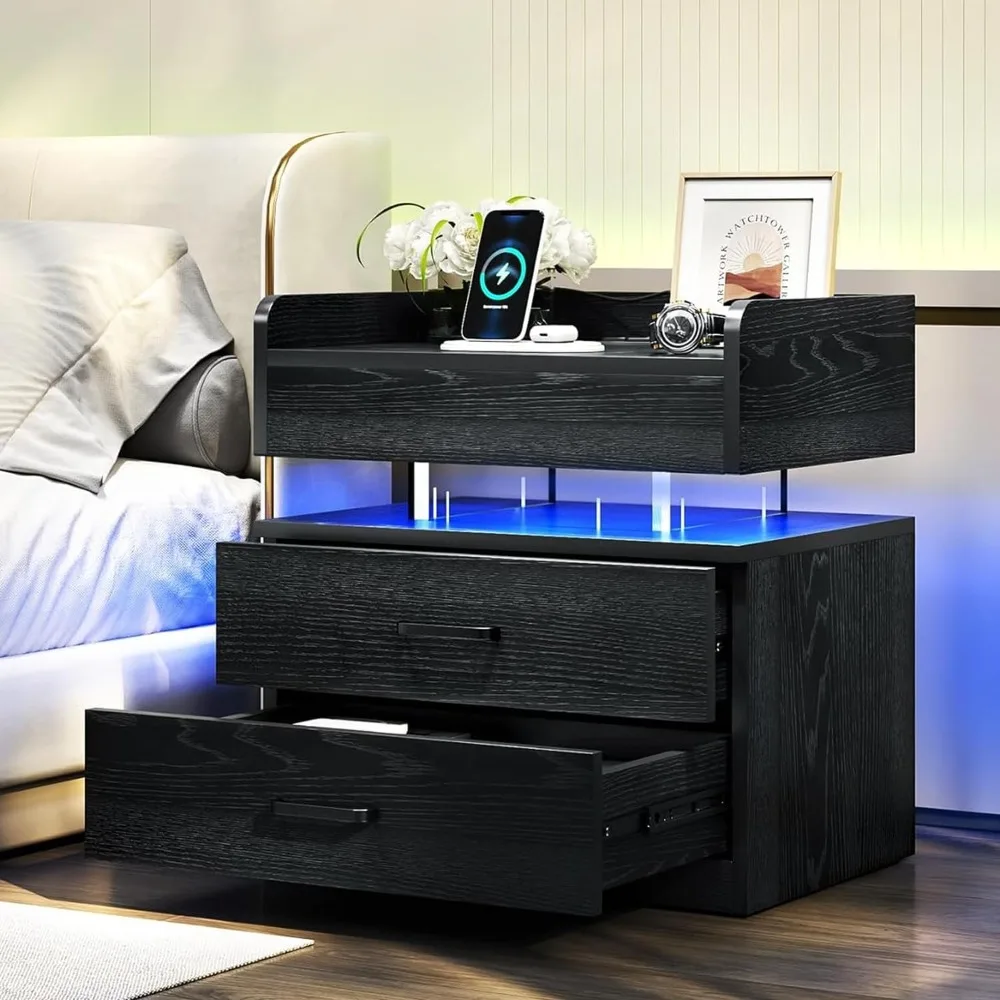 

Floating Nightstand with 2 Drawers, LED Nightstand with Voice-Activated Mode, Side Table End Table with Charging Stati