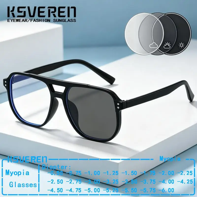 

New Double Bridge Large Frame Photochromic Myopia Glasses Men Women Retro Pilot Discolor Prescription Eyewear Negative Diopter