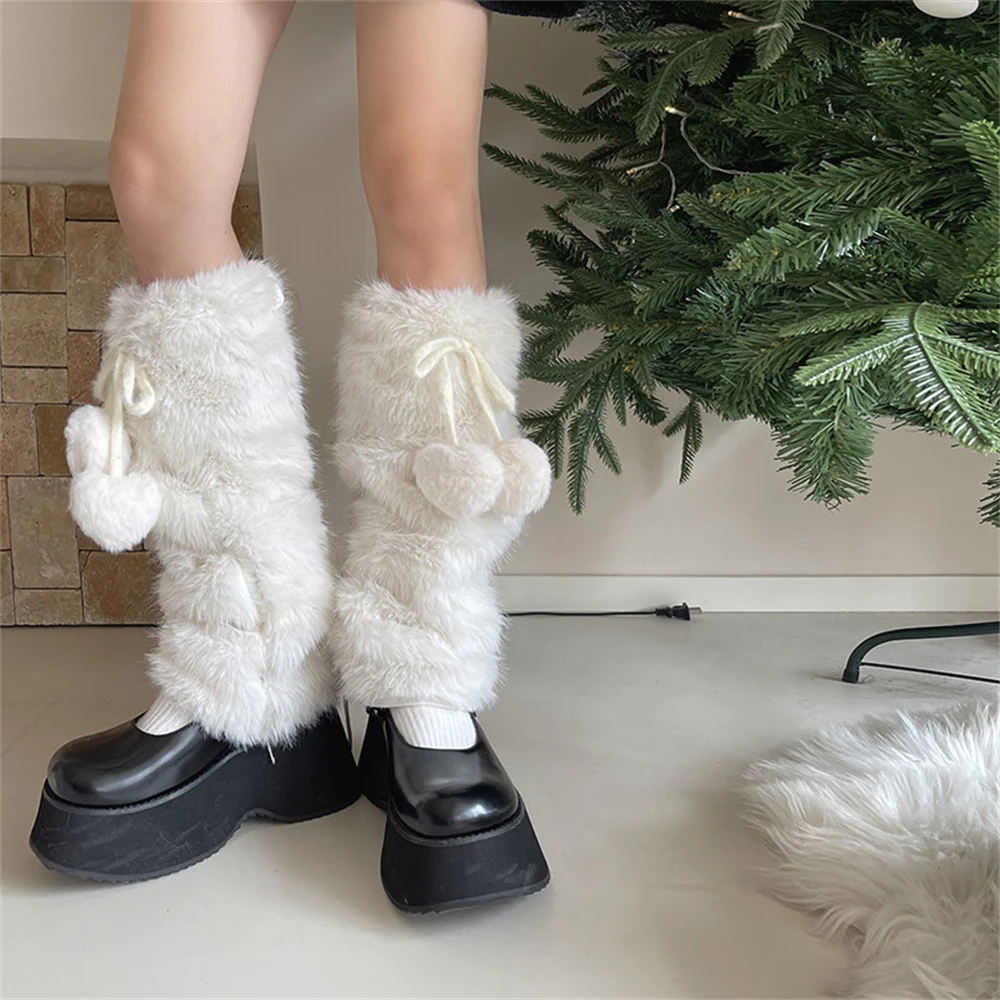 Winter Kawaii White Thickened Warmth Faux Rabbit Fur Heart Ball Straps Leg Warmers Soft Girl Foot Cover Socks JK Lolita Leggings