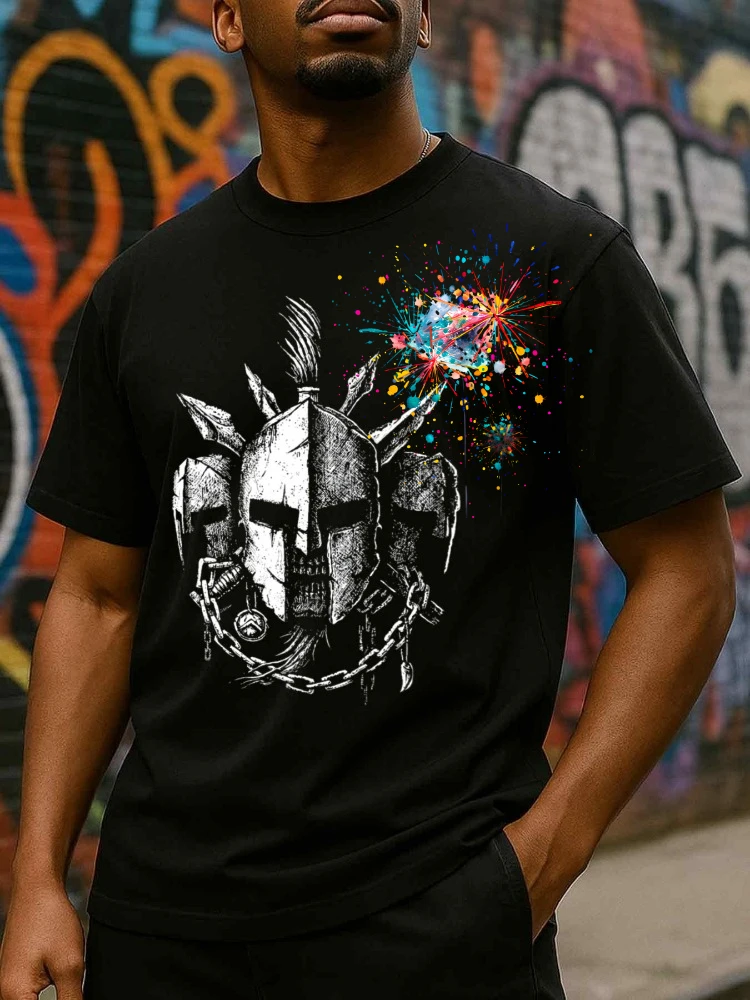 Spartan Warrior with Spartan Helmet&Greek Key Spartan Shield, Vintage Style design-100% cotton O-neck printed men's T-shirt.