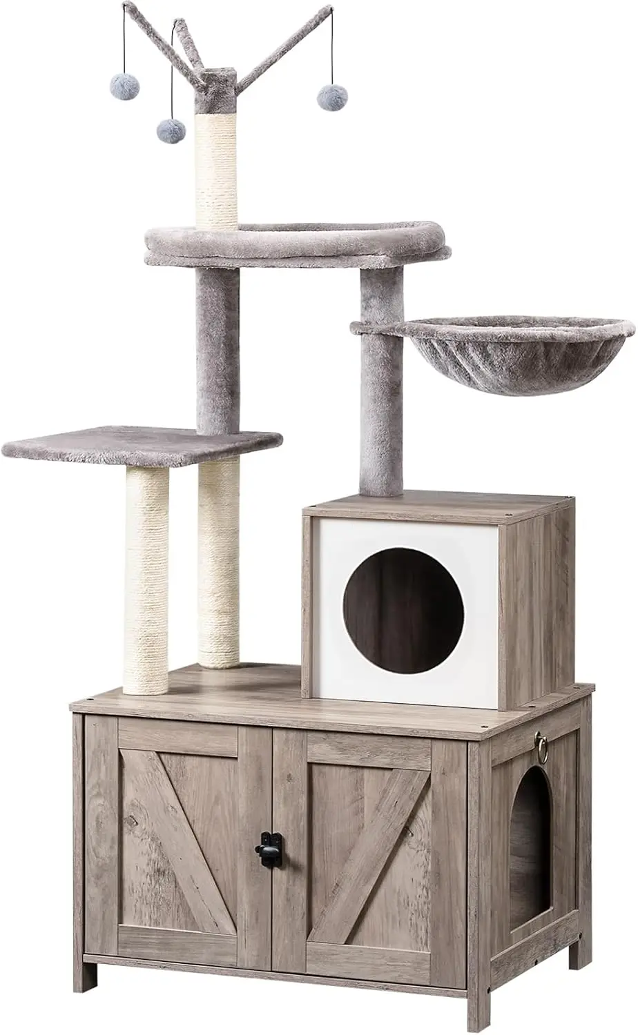 Indoor Cat Tree Tower with Litter Box, Wooden, Greige, All-in-One Design