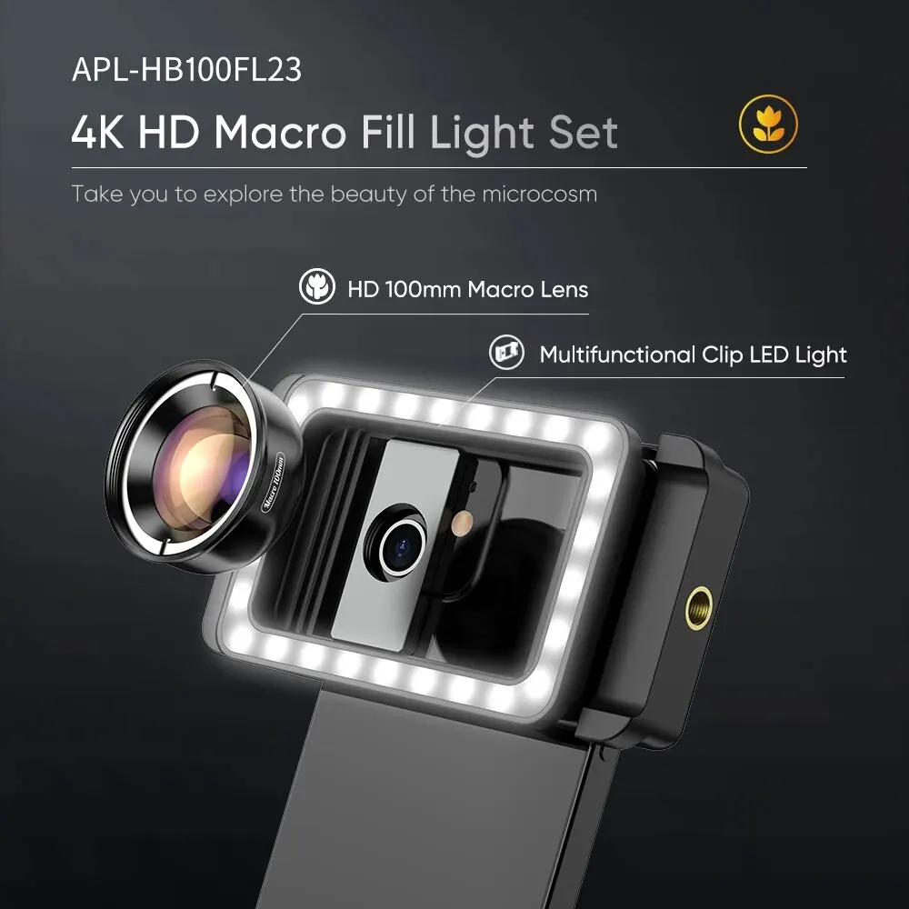 APEXEL جديد Upgrated 4k HD مع عدسة ماكرو عالمية مع مصباح ليد ملئ بمشبك عدسات صغيرة لهاتف آيفون وسامسونج جميع الهواتف الذكية