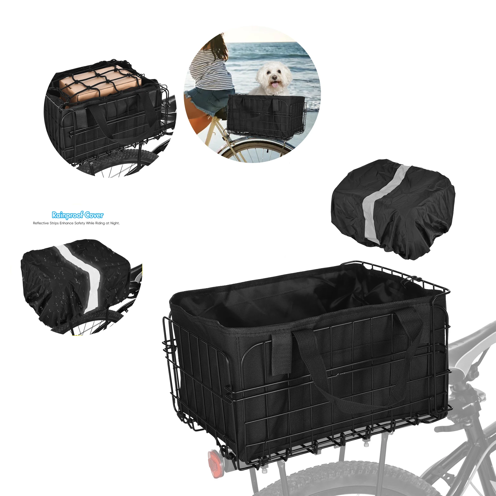 

Folding Rear Bike Basket 60L with Removable Liner Bag Rain Cover Net Bag Quick Release Metal for Carrying Pets Fruit Grocery