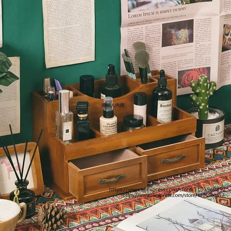 Vintage Style Wooden Desktop Storage Box with 12 Grids and 2 Drawers for Home Office Makeup and Jewelry Organization