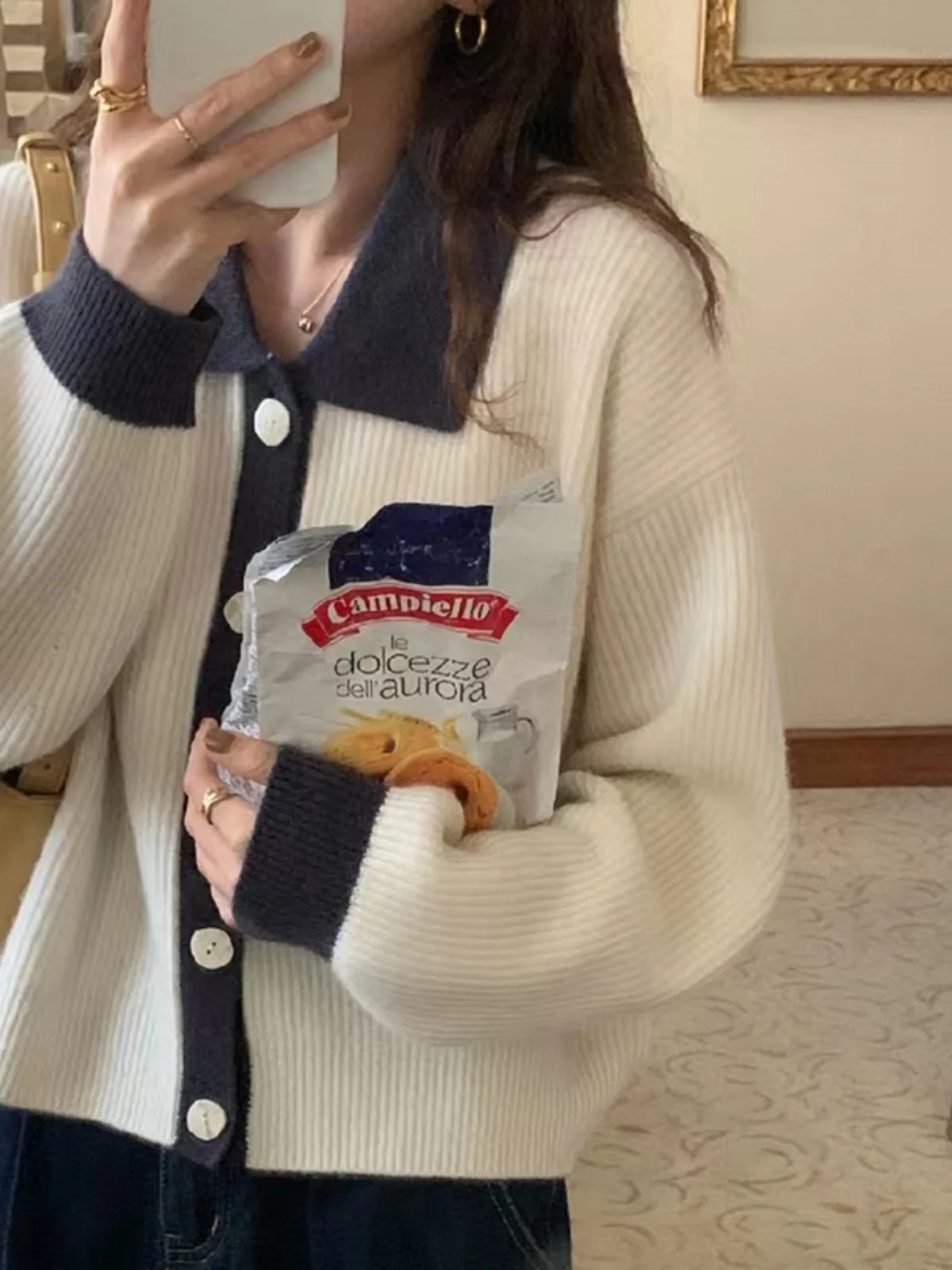 

Retro Collar Color Blo Knitted Open Cardigan Women's ort Sve Long Sve Lazy Loose Ne Moccasin White Sweater C...