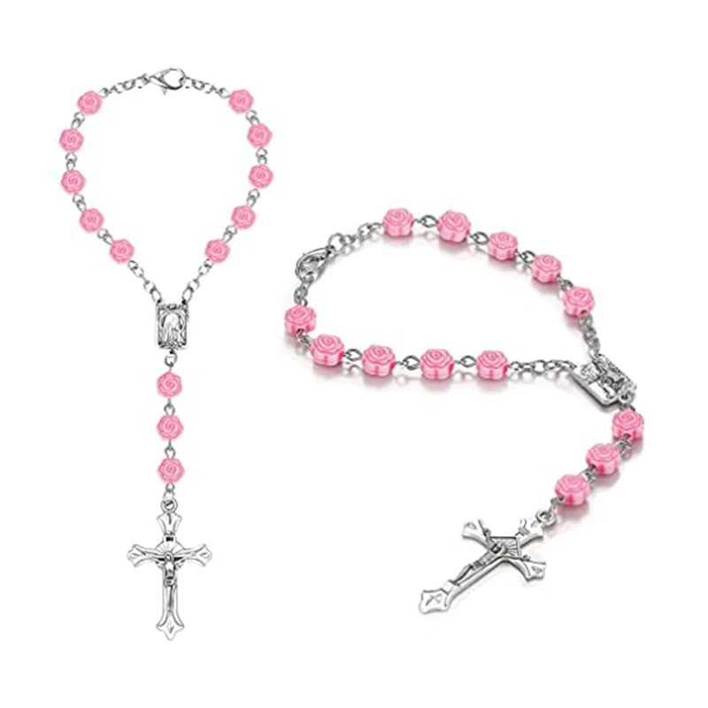 Plastic Rosary Bracelet Pink Beads Strand Catholic Cross Jewelry Car Handing For Men Women