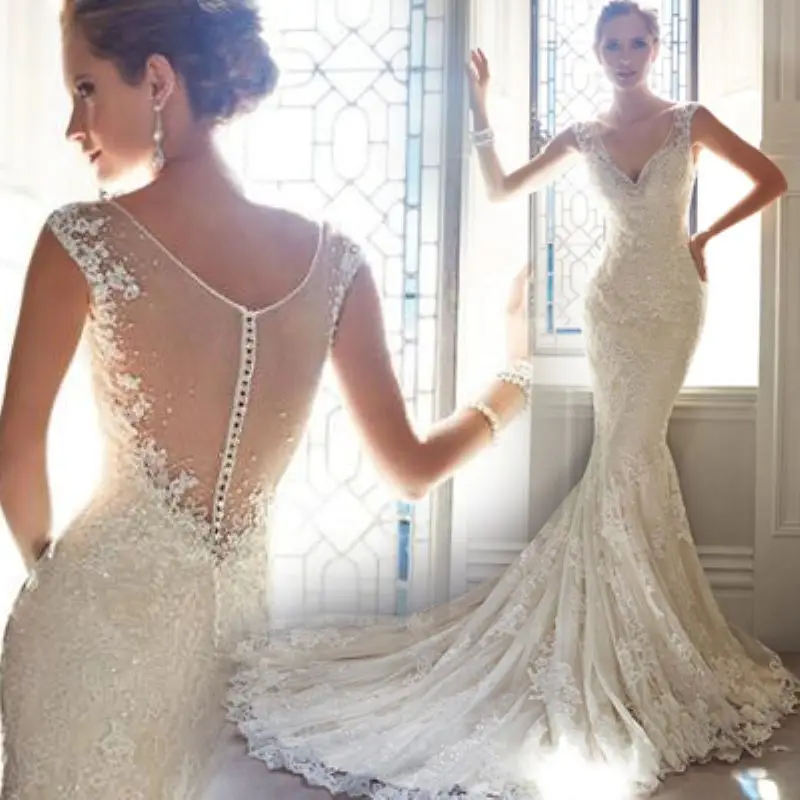 

Sexy Deep V-neck Skinny Exquisite Lace Mermaid Small Trailing Wedding Dress B951