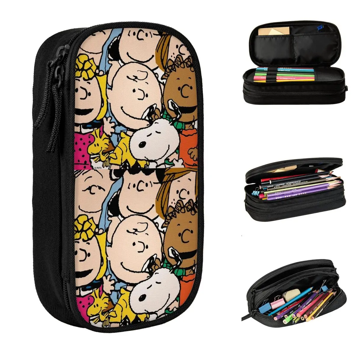 Large Capacity Pen Box Peanuts Comic Characters Funny Snoopy Charlie Brown Double Layer Pencil Case Stationery Girl Makeup Bags