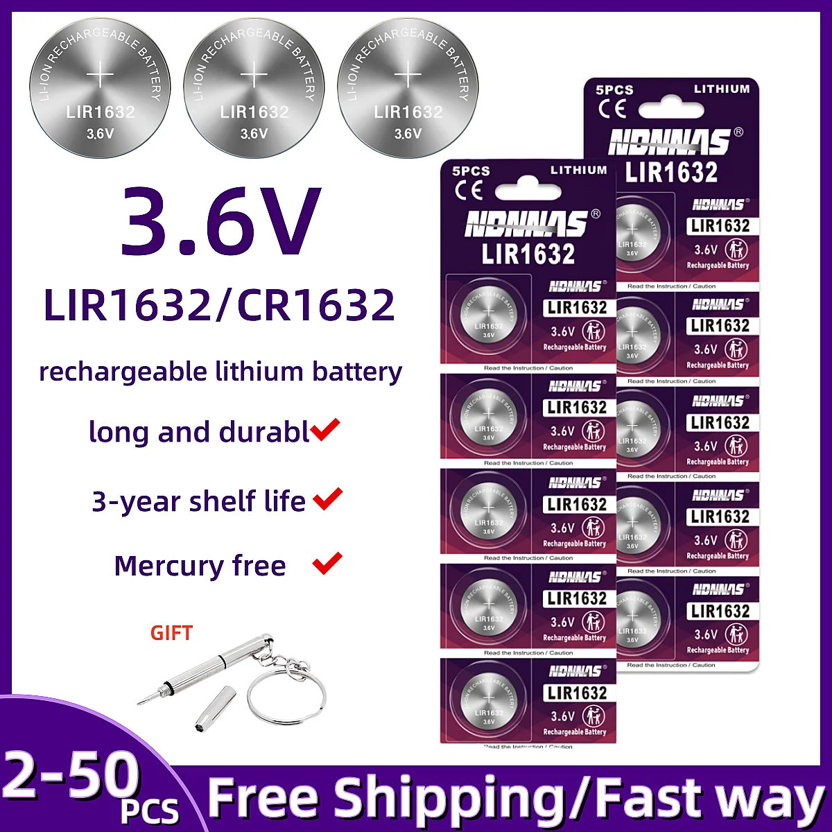 

2-50pcs LIR1632 3.6V Rechargeable Lithium Batteries LIR1632 Battery for Watch Car Remote Control CR1632 DL1632 Button Coin Cell