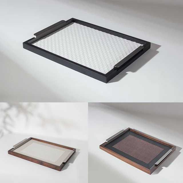 Custom Leather Serving Tray with Metal Handles Matching Storage Boxes and Tissue Boxes Decorative Ottoman Coffee Table Tray
