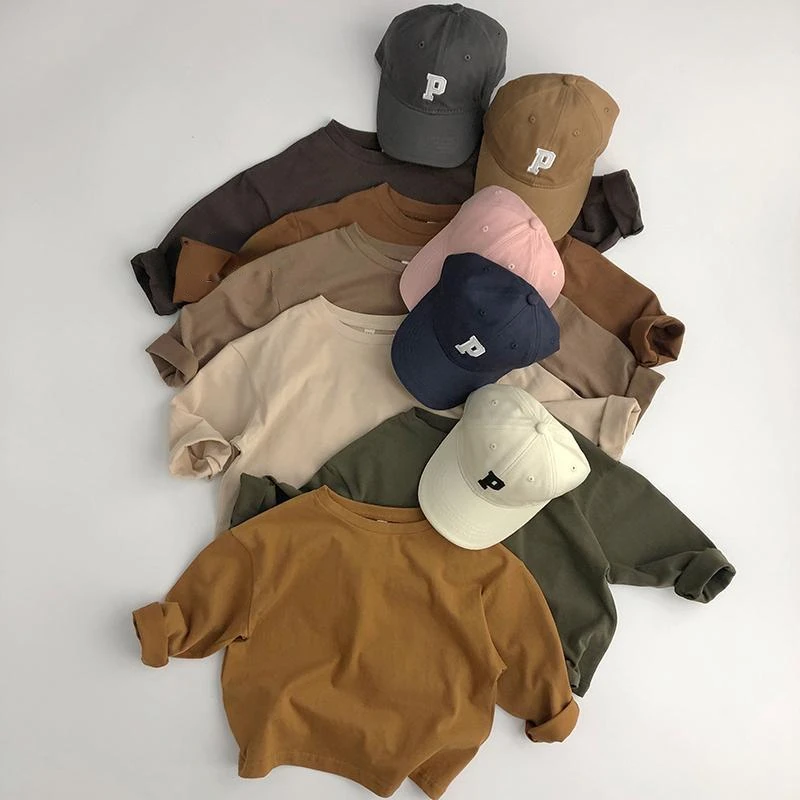 خريف جديد بلون الأطفال القطن تي شيرت طويل الأكمام الفتيان والفتيات قمة الموضة ملابس أطفال طفل تي شيرت