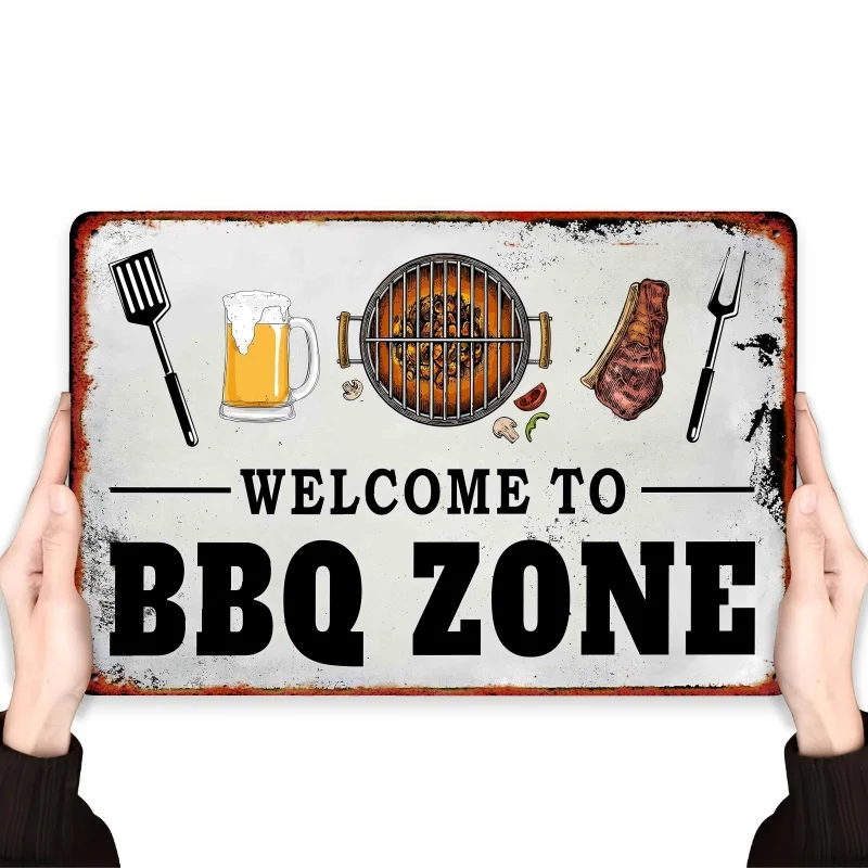 Retro BBQ Zone Metal Sign – Vintage Tin Wall Art with Grill Master Illustration, Perfect for Indoor & Outdoor Home Decor, Rusti