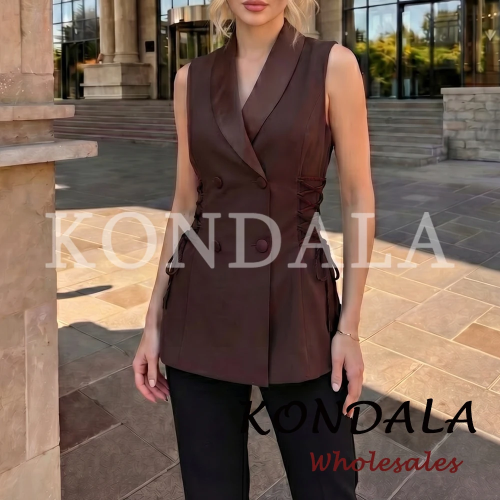 KONDALA Chic 2026 Summer Solid Modern Vest Streetwear Suit Collar Drawstring Vintage Straight Vests Long Female Fashion Outwear