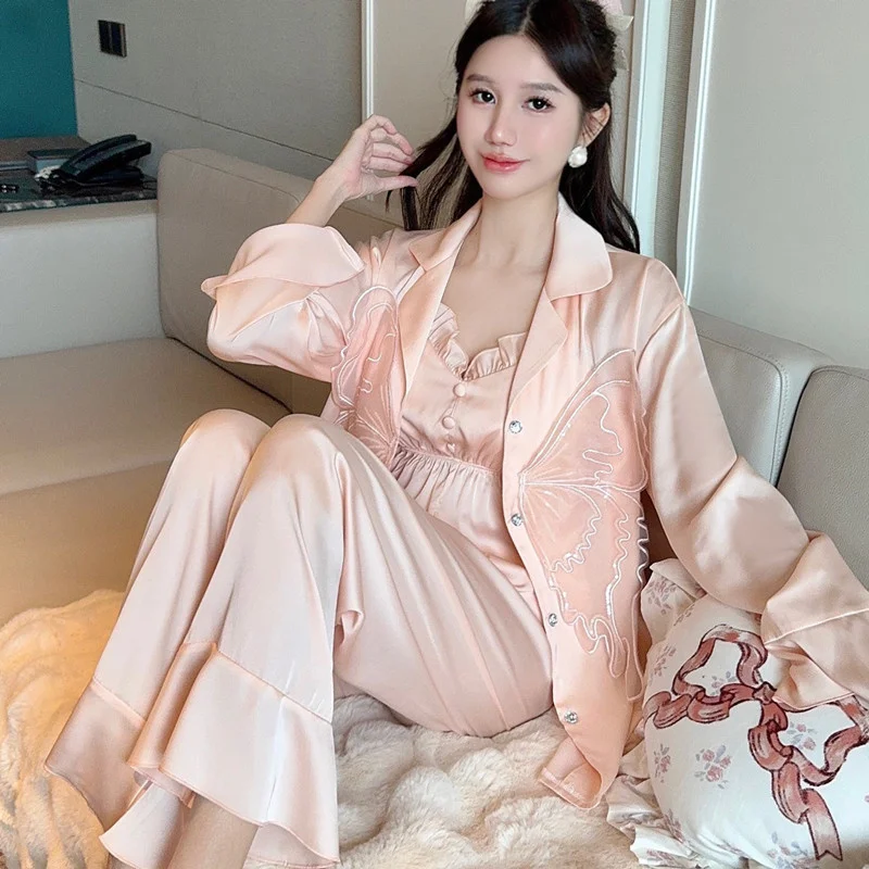 Summer 3pcs Robe Trousers Pajamas Suit Rayon Sleepwear Women Lace Ice Silk Spring Long Sleeve Bathrobe Causal Home Clothes