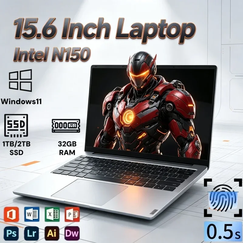 15.6 Inch Daily Entertainment Notebook Intel N150 32GB RAM 2TB SSD Windows11 Fingerprint Unlock Lightweight Laptop