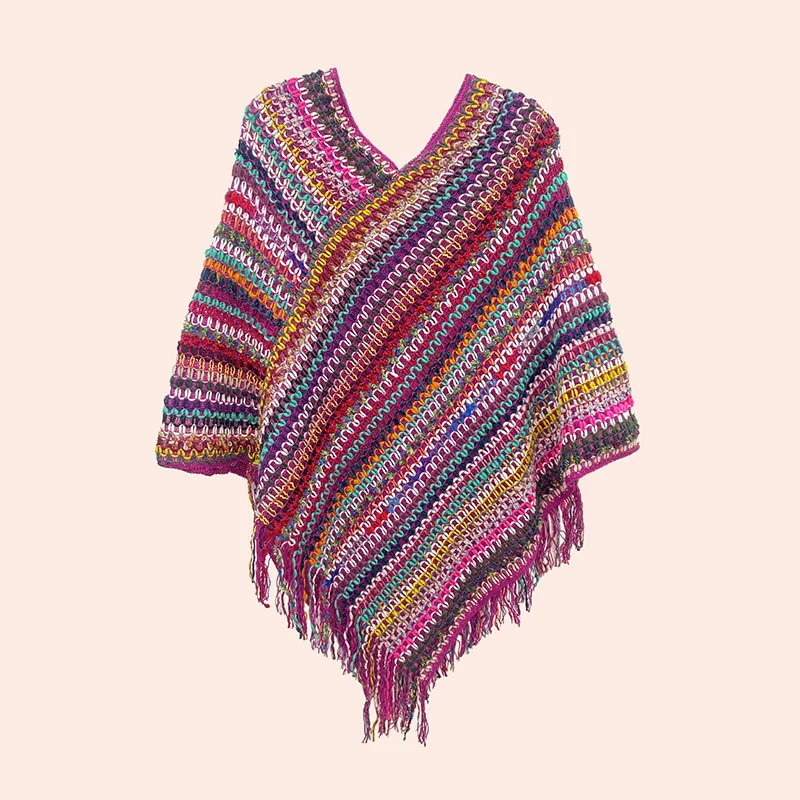 Nowy zimowy damski na co dzień szydełkowy szal w stylu etnicznym styl boho kolorowe frędzle na prezent z dzianiny