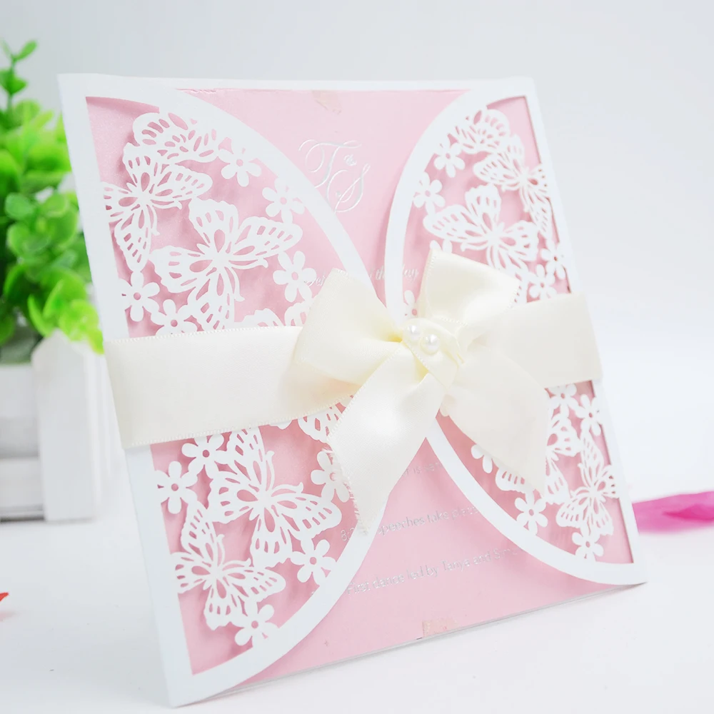 10pcs Laser Cut Pink Wedding Invitation Card Butterfly Shape Card Design Folk Art