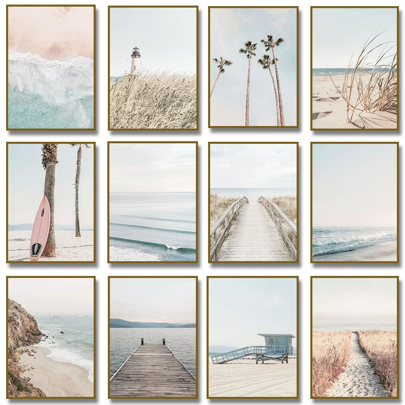 Neutral Beach Walkway Surfboard Minimal Ocean Wave  Palm Soft Coastal Poster Canvas Painting Print Wall Picture Room Home Dec