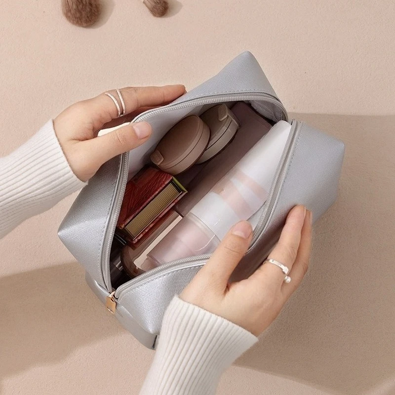 Trousse de rangement portable pour cosmétiques pour femmes, sac de maquillage de couleur unie, pochette de toilette de voyage