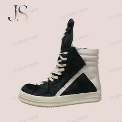 Ro Casual Shoes Men High Top Shoe Black Horse Hair Women Sneaker Black Horsehair Ankle Boot White Leather Boots Flat Sneakers