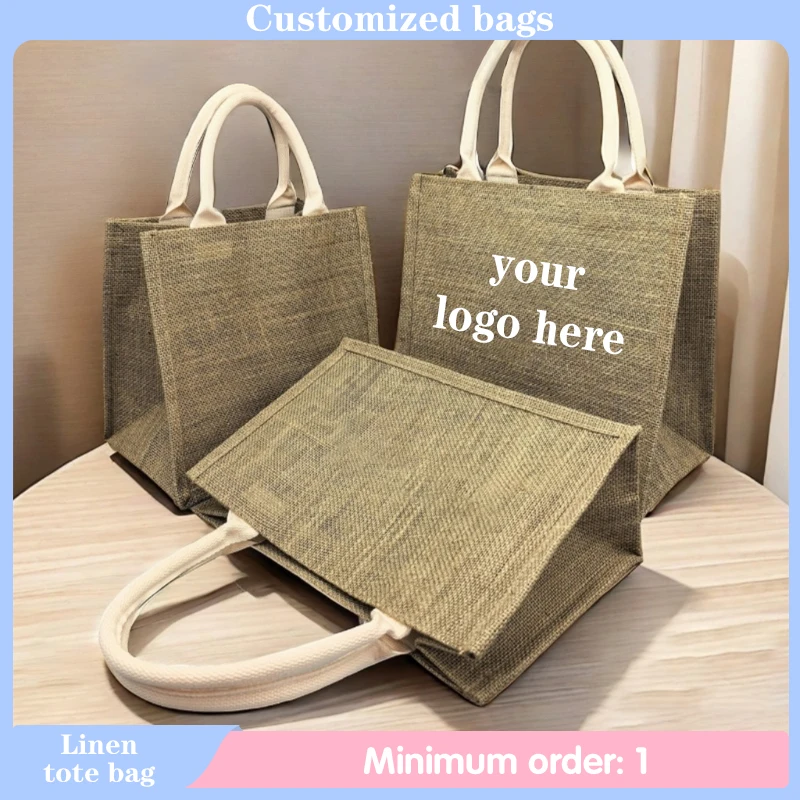 Custom printed DIY hand-painted vintage linen tote bags for women reusable environmentally friendly gift shopping bag handbag