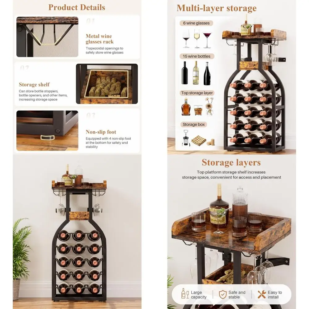 

Отдельно стоящая винная полка на 15 бутылок, мини-барный шкаф со стеклянным держателем, идеально подходит для домашнего офиса и обеденных зон