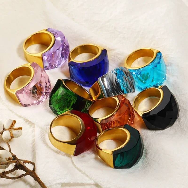 Luxury Multicolored Crystal Rings for Women Wedding Gold Plated Stainless Steel Jewelry Ring with Big Stone 2023 Trendy Gift