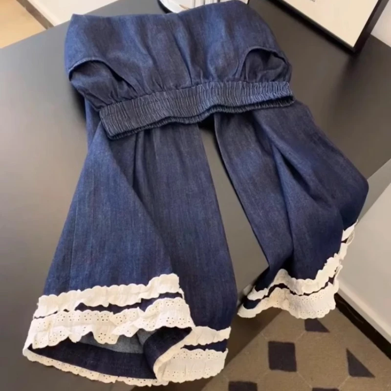 

2025 Spring Summer Women High Waisted Wide Leg Lace Patchwork Denim Blue Trousers , Woman Casual Vintage Korean Jeans Pants