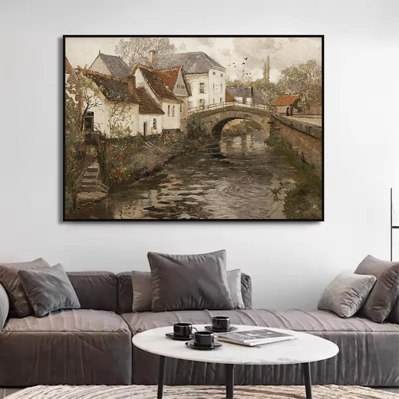 Antique Rustic Spring Landscape Mountain Meadow Field Country Poster Canvas Painting Wall Art Pictures Home Farmhouse Decor