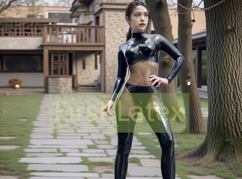 

Fancy sexy latex catsuit skinny clothes high quality party costume Orange with transparent stitching fetish cosplay costume