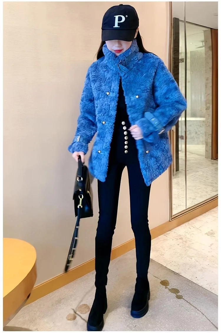 Winter 2023 Lambhair Oversize Vrouwen Faux Suede Jas Coltrui Losse Dikke Motorjacks Katoen Vrouwelijke Blauw