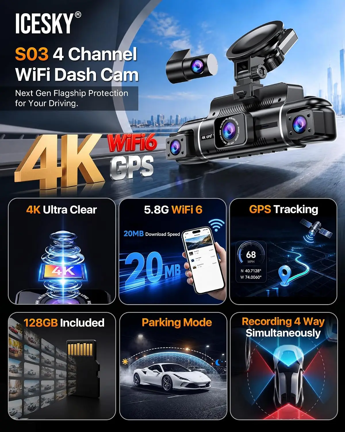 Dash Cam Front Rear Left Right GPS WiFi6 20MB/s 128GB SD Card G Sensor Parking Mode 8 IR Lights 4K 1080P 360 4 Channel