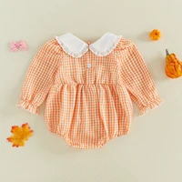 FOCUSNORM 0-18M Fall Baby Girls Halloween Plaid Romper Pumpkin Embroidery Doll Collar Long Sleeve Jumpsuits for Infant 6
