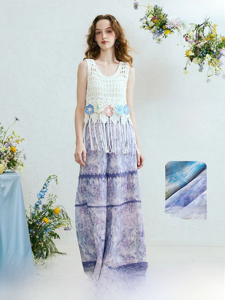 

Fre Sle Fringed Wide Leg Casual Pants Women's High Waist Elastic Polyester Fiber Printed Summer New Arrival Two Tee Things