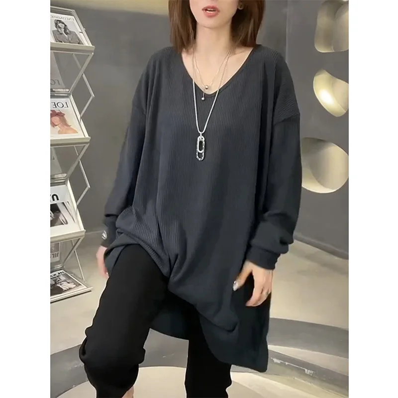 Simplicity Clothes Spring Autumn New V-neck Loose Fit Pullover Tees Womens Lazy Style Solid Color Long Sleeved Medium Length Top