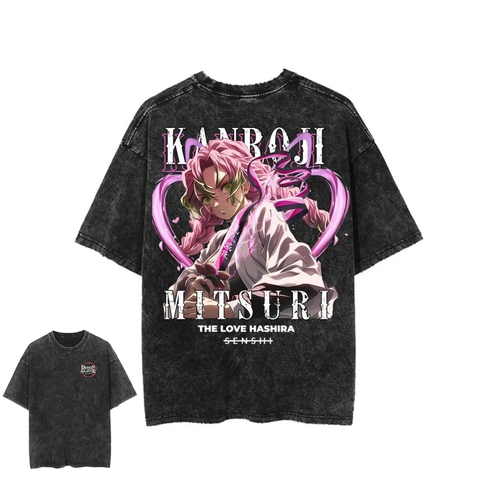 

Demon Slayer Mitsuri Kanroji The Love Hashira Heart Whip Acid Wash Oversized Black T 2026 Summer Streetwear Anime Graphic Tee