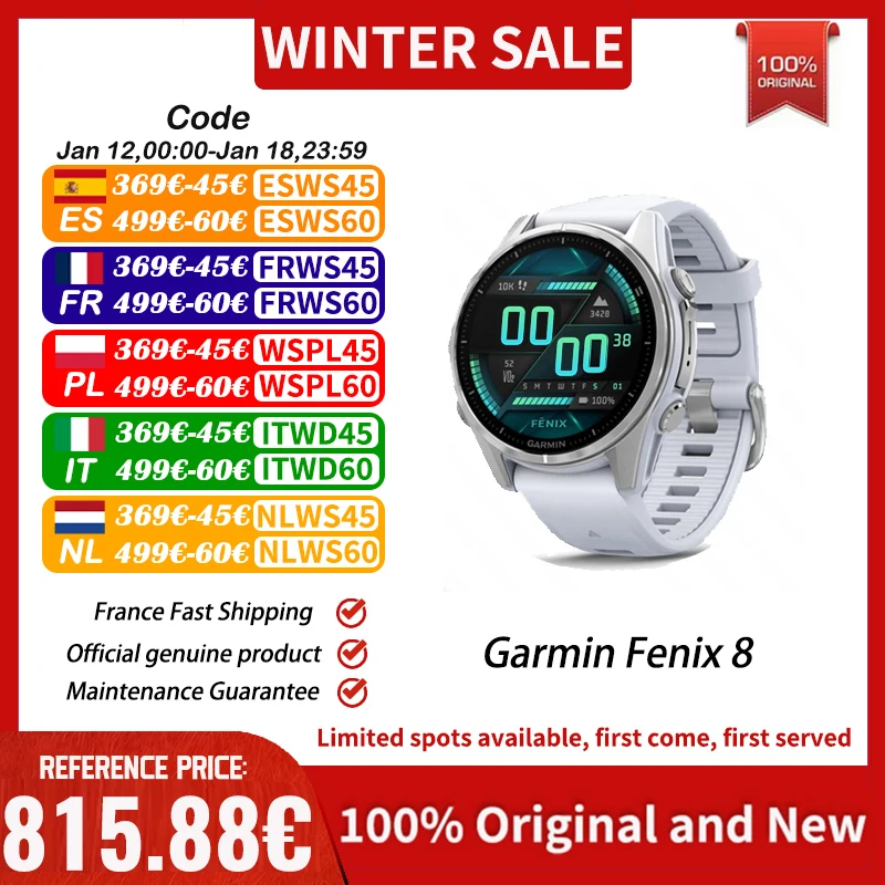 Garmin Fenix 8 Smartwatch Orologio sportivo multifunzionale da esterno Torcia a LED incorporata Escursionismo Ciclismo Maratona Corsa 10 ATM