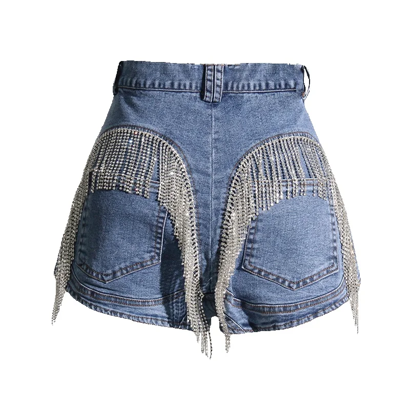 

2024 Summer New Heavy Industry Chain Waterfall Tassel Slim Fit Sexy Long Legged Denim Shorts High Waist Straight Tube Pants