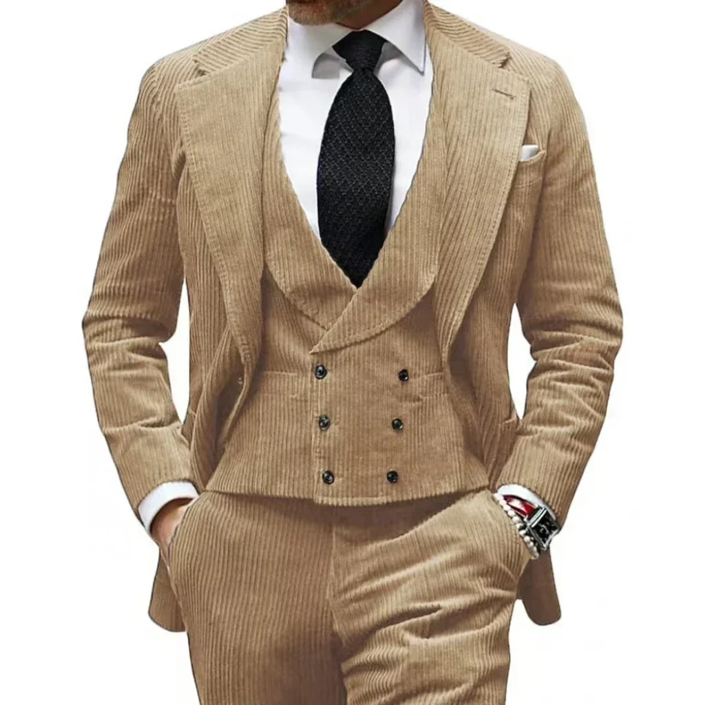 

Men's Corduroy 3 PCS Tuxedo Suit Set with Notched Lapel Blazer Vest Pants Vintage Slim Fit for Weddings Evening Parties Proms