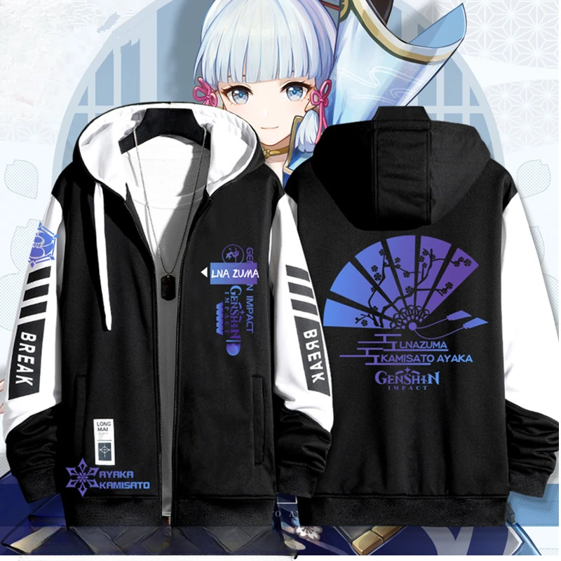 Anime Genshin Impact Kamisato Ayaka Cosplay Costumes Unisex 3D Hoodie Sweatshirt Zipper Hooded Jacket Outerwear