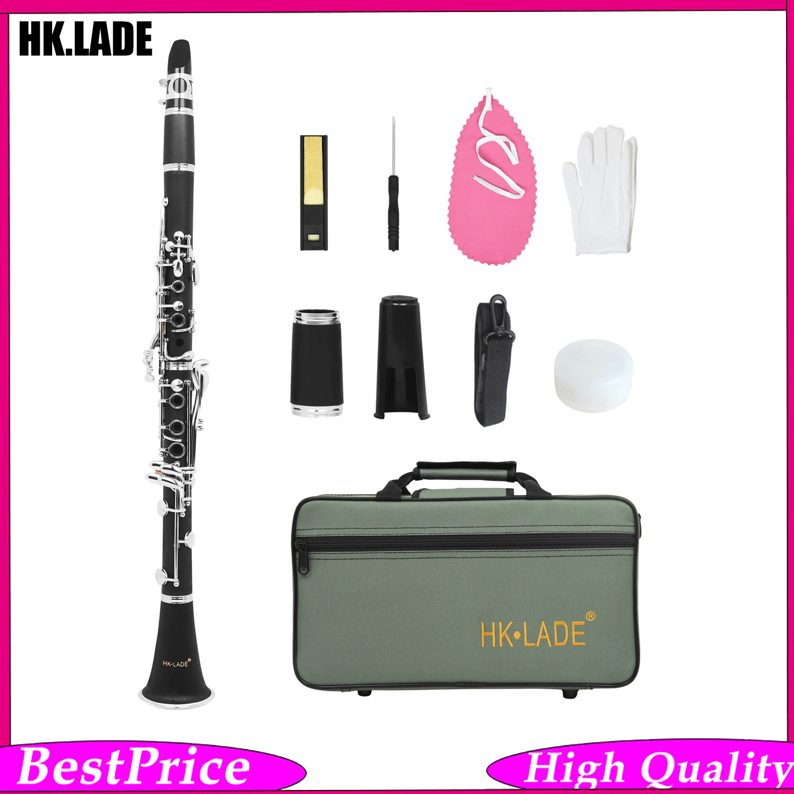 HK.LADE 17 Keys Clarinet ABS Tube Nickel Plated Keys Clarinet Case Accessory Kit for Woodwind Instrument Practice Performance