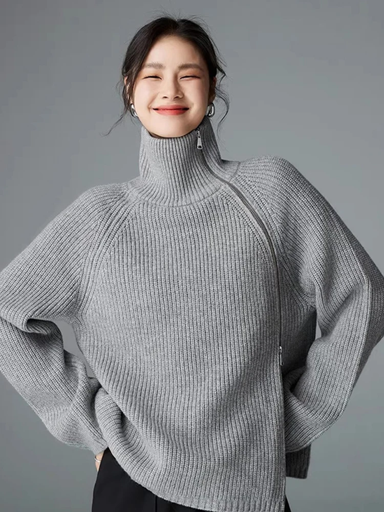 

Удобный свободный женский свитер с высоким воротником, модный цветной шерстяной топ с наклонной молнией на осень-зиму, эффект похудения