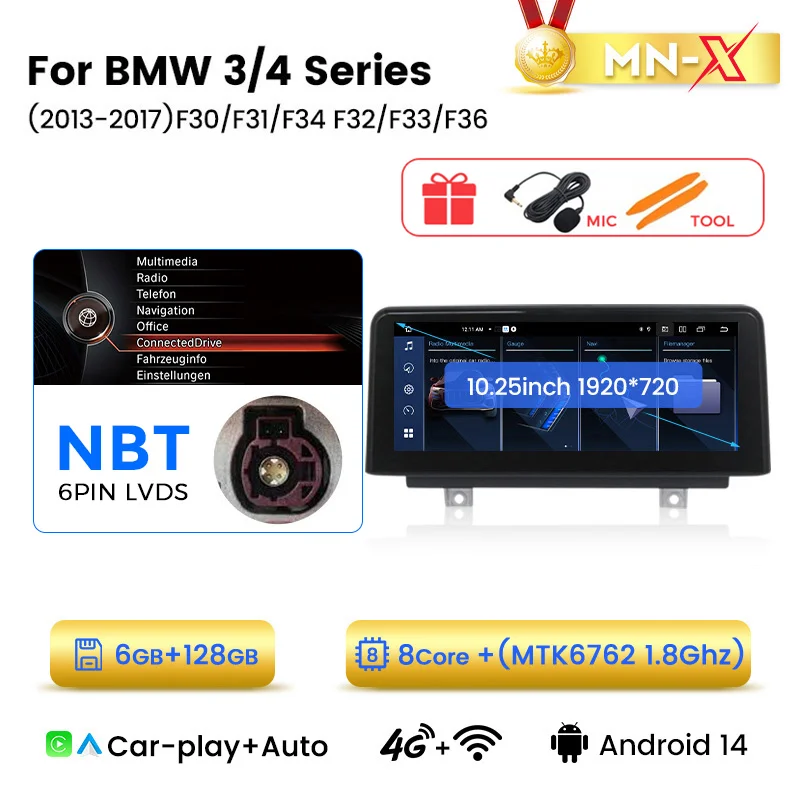  3/4シリーズNBT用10.25インチNavifly製Androidナビ NaviFly 6GB Car Radio CarPlay Android 14 Auto GPS For BMW F20 F21