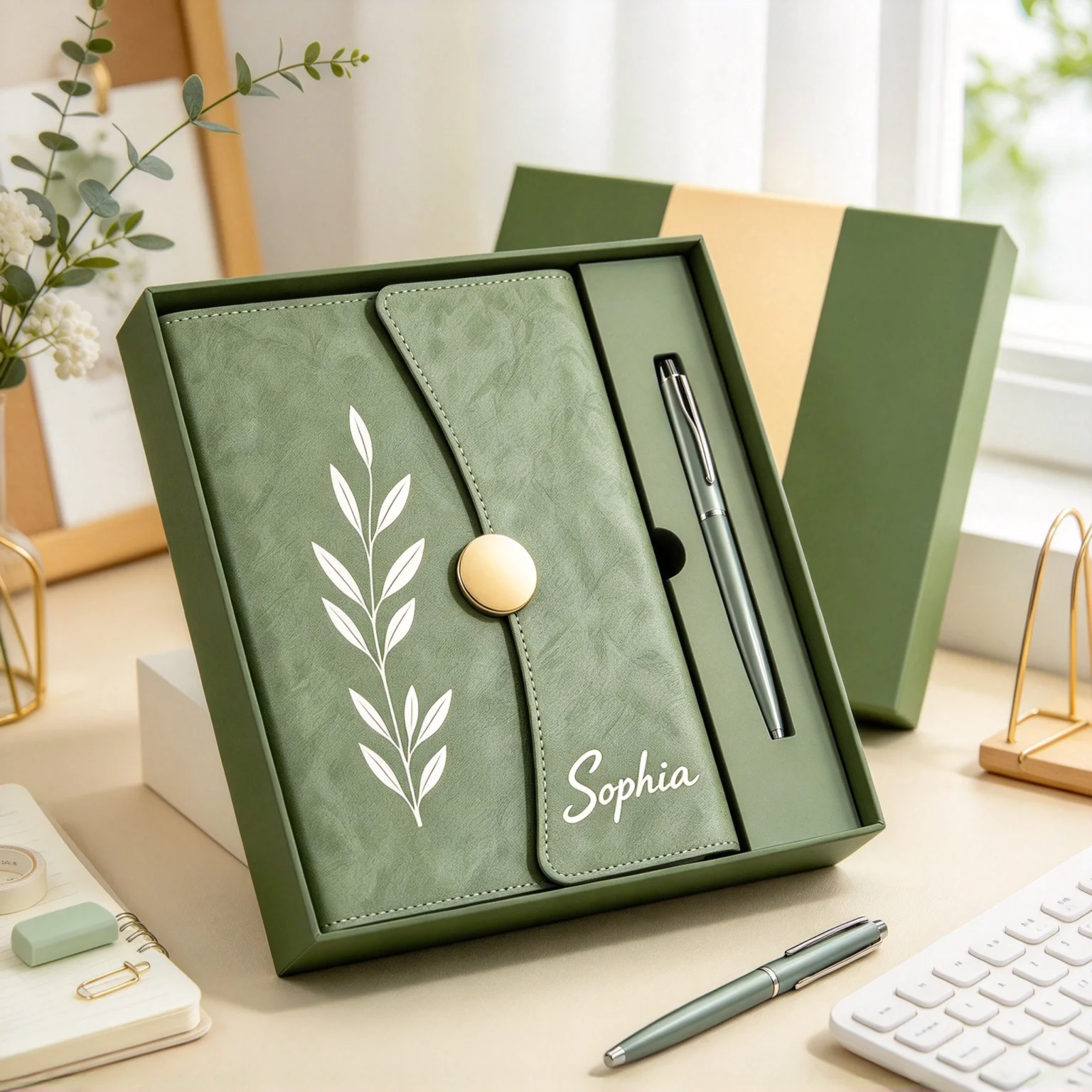 Personalized Name Notebook Pen Gift Set White Leaf Branch Print Green PU Journal Customized Stationery Box for Office Business