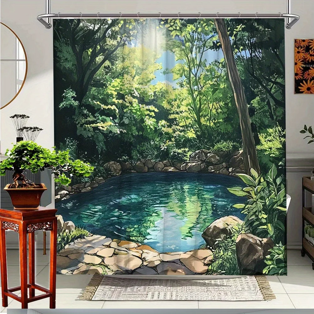 

1pc Nature Landscape Shower Curtain - Serene Forest & Lake Scene Design, Durable Polyester Fabric, Machine Washable with 12 Hook