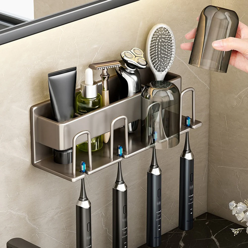 Aluminum Wall Mounted Electric Toothbrush Holder Toothpaste Cup Storage Hook Kitchen Organizer Shelves Bathroom Accessorie