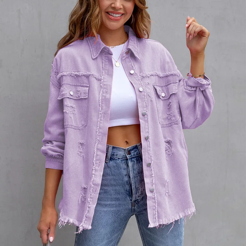 Women\'s Retro Denim Jackets Fashion Casual Long Sleeve Solid Purple Button Down Chest Pocket Slim Stand-up Collar Teens Coat Hot