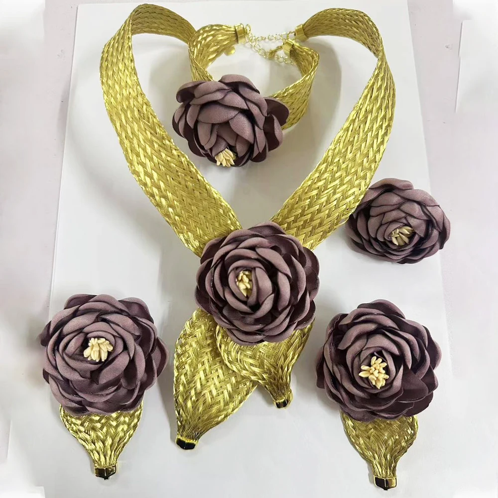 

2025 New High Quality African Big Purple Flower Pendant Women Jewelry Set Dubai Gold Plated Luxury Thick Collar Necklace Earring